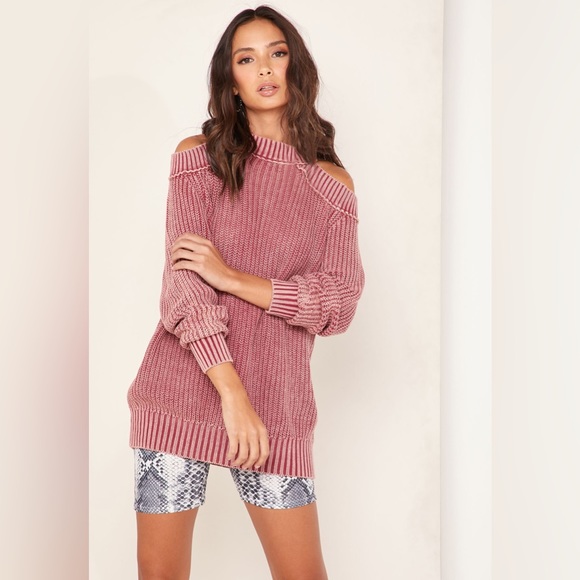 NWT Free People Half Moon Bay Pullover Sweater Cold Shoulder Long Sleeve Red - Picture 2 of 7